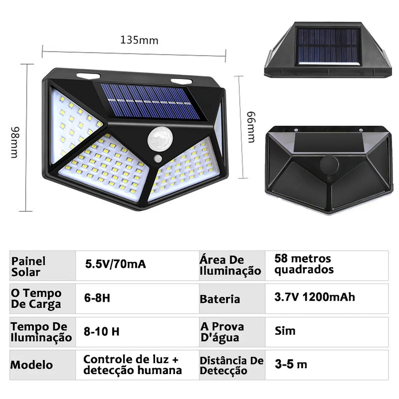 Luminária Solar De Parede Refletor 100 Led Sensor Presença Movimento Prova D' Água Com 3 Funções Solar light